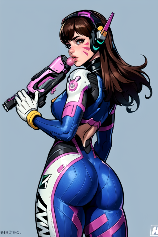 masterpiece,best quality,<lora:dva:0.8>, dva,1girl,solo,long hair,looking at viewer,bangs,brown hair,gloves,holding,brown eyes,weapon,ass,cowboy shot,looking back,artist name,white gloves,from behind,holding weapon,armor,lips,gun,bodysuit,swept bangs,headphones,blue background,facial mark,holding gun,clothes writing,skin tight,handgun,arm at side,high collar,pink lips,nose,pilot suit,whisker markings,facepaint,shoulder pads,bubble blowing,chewing gum,finger on trigger,ribbed bodysuit,