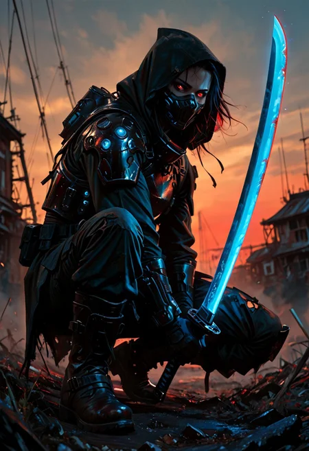 masterwork, masterpiece, best quality, detailed, depth of field, , high detail, best quality, very aesthetic, 8k, photorealistic, realistic skin, deep colour, high contrast, hyperdetailed, matte digital painting, trending on artstation, sharp edges, precise, clear focus, detailed face, face focus, sideview, wide shot, looking at viewer,
futuristic, gritty.
line art, ink art of a woman, solo, soldier, enigmatic, (glowing red eyes), matte black modular suit of armor, molded armour, whole body protection, heavy boots, holding a katana, (blue glowing blade:1.5), ready to fight, fighting stance. Deep hood, black face mask, pale skin,
background war-torn urban landscapes, dramatic lighting, dynamic angle, whole body, face focus, high contrast, deep shadows, distant fires, smoky sky, matte painting,
STP-Illu