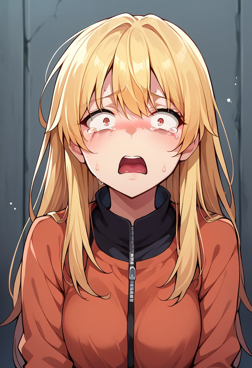 score_9, score_8, score_7, source_anime, constricted pupils, 1girl, blush, looking at viewer, long hair, open mouth, solo focus, solo, 1boy, sweat, tears