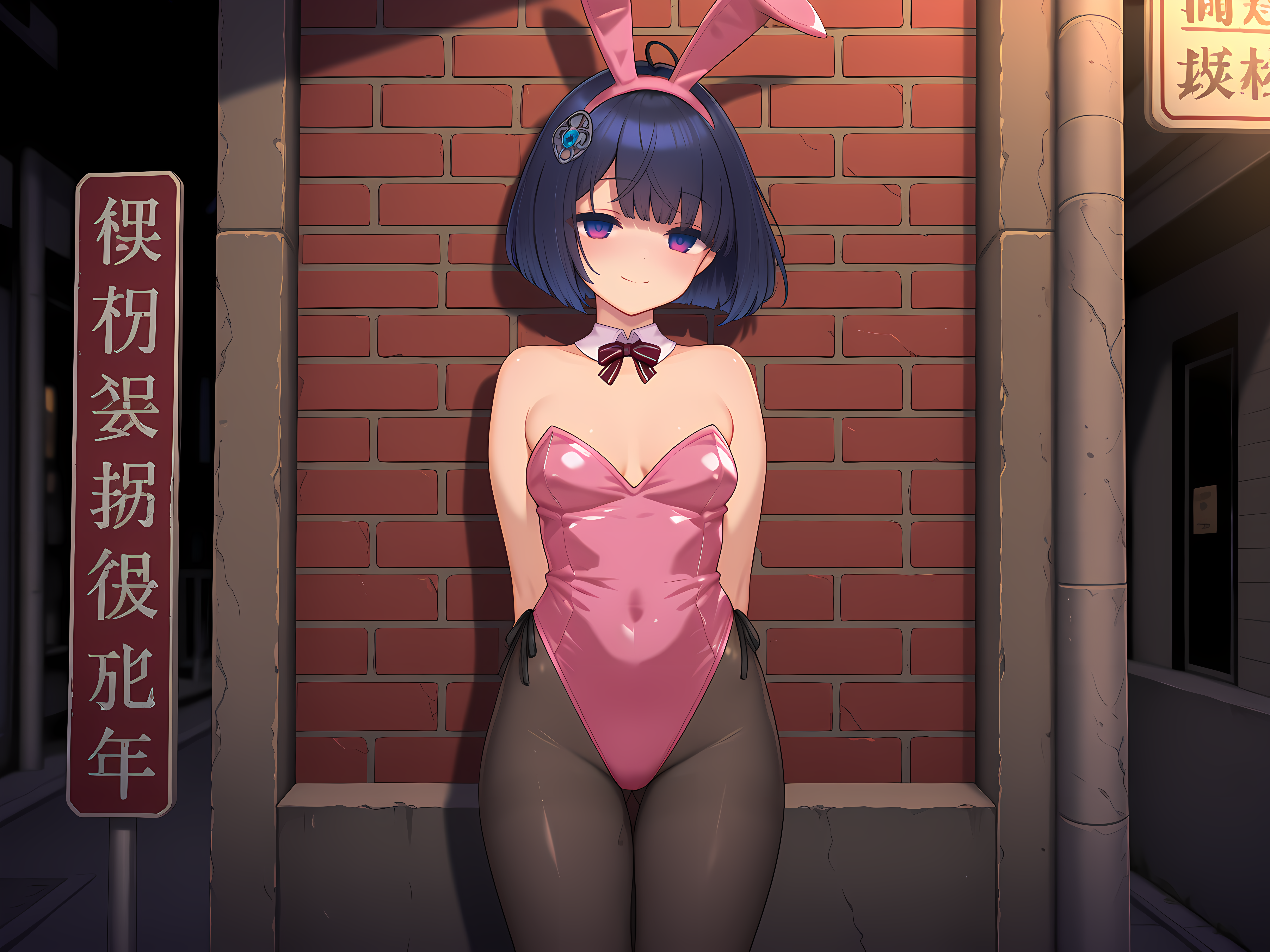<lora:1:0.85>,shizuha,prostitution,pink bunny outfit,outdoors,medium breasts,looking at viewer,cowboy shot,smile,, masterpiece,best quality,amazing quality,