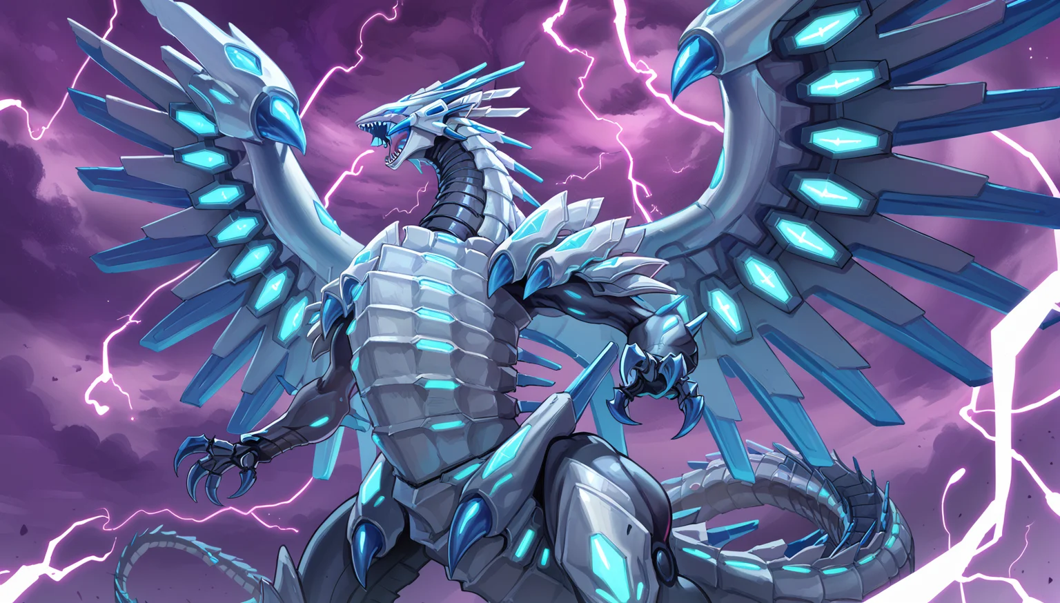 (score_9:0.9),score_8_up,score_7_up,rating_safe,anime style,(zPDXL),(zPDXL3),
<lora:blue eye chaos max dragon ponyXL v1.2:0.79>,mecha dragon, blue eye chaos max dragon, lightning, cloud, open mouth, solo, electricity, sharp teeth, sky, glowing eyes, purple background, from below, looking to the side, no iris