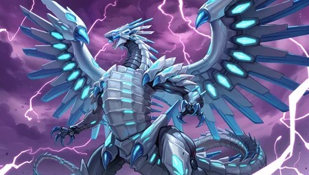 (score_9:0.9),score_8_up,score_7_up,rating_safe,anime style,(zPDXL),(zPDXL3),
<lora:blue eye chaos max dragon ponyXL v1.2:0.79>,mecha dragon, blue eye chaos max dragon, lightning, cloud, open mouth, solo, electricity, sharp teeth, sky, glowing eyes, purple background, from below, looking to the side, no iris