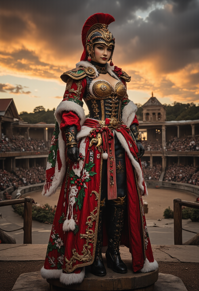 A Roman gladiator arena during a dramatic sunset, Historical and Cultural,<lora:ChristmasCouture:0.8>, armor, berry, buckle, bodysuit, coat, corset, crown, distressed denim jeans, edgy, embroidery, epaulettes, fantasy, feathers, festive, floor-length, floral, form-fitting, frilly, fur-lined cape, glittering, gothic, gold accents, gown, headdress, high-collared, holly, jumpsuit, lace, leather, leaves, luxurious, medieval, military-style, off-the-shoulder, opulent, ornate, overcoat, pinstriped, plaid, poinsettia, puffy winter jacket, punk, red and white striped, ruffled, sash, scarf, sequined, shawl, skirt, snowflake, steampunk, sweetheart neckline, tassels, tiara, trimmed with white fur, turtleneck sweater, velvet, Victorian, wings, <lora:boFLUX Christmas Dreams:0.5>, bo-christmas, <lora:ck-old-wooden-christmas-toys-000016:0.5>, A high-quality, close-up photograph of a ck-owct style hand-painted wooden christmas toy featuring a <lora:Satria_Gandrong_FLUX:0.5>, wayang_golek, wayang