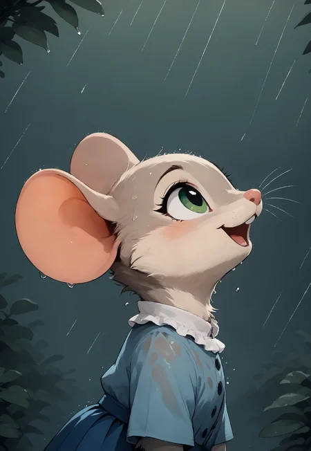 score_9, score_8_up, score_7_up, score_6_up, score_5_up, score_4_up, m0use_goldie, solo, grey fur, green eyes, (cute, feral:1.5), (white frilly shirt, blue skirt), (side view:1.3), rain, wet fur, wet clothes, looking up, smile, 