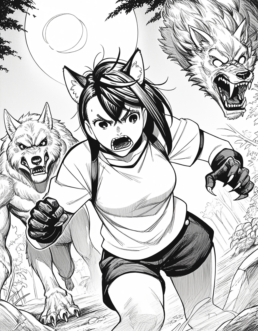 score_9, score_8_up, score_7_up, source_anime, <lora:momo-ayase-manga-ponyxl-lora-nochekaiser:1>, momo ayase, short hair, bangs, thick eyebrows, monochrome, greyscale, medium breasts,, <lora:werewolf-ponyxl-lora-nochekaiser:1>, werewolf, furry, fangs, animal ears, gloves, angry, teeth, animal ear fluff,, forest, night, moon, open mouth, , dutch angle, cowboy shot