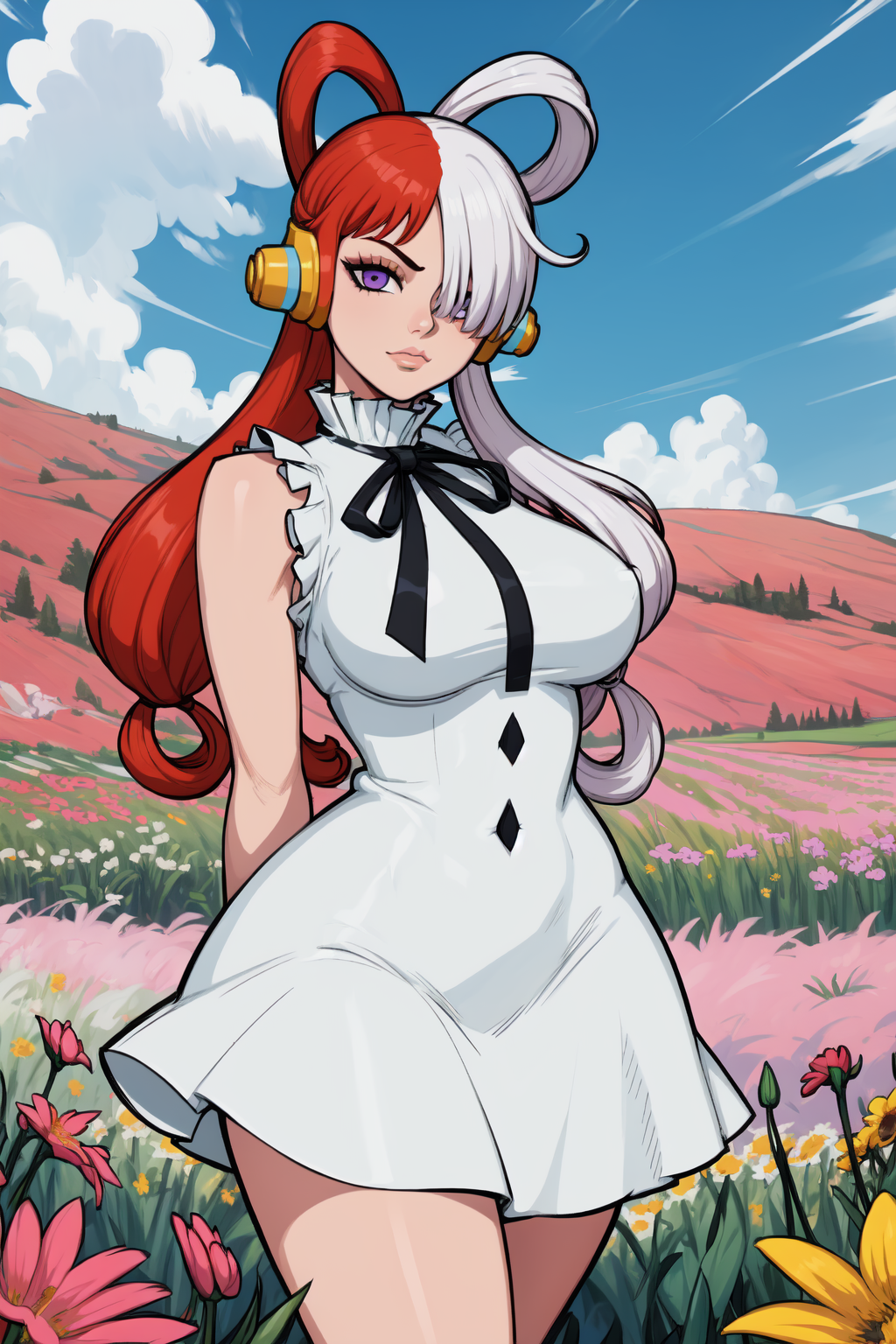 1girl, (solo:1.2), curvy, (masterpiece:1.2), (best quality:1.2), (perfect anatomy:1.4), (interacting with the viewer while facing him in a dynamic pose in motion), (arms behind back:1.3), cute, closed mouth, (large breasts:1.4), (cowboy shot:1.4), <lora:Afrobull [MockAi - v1.0]:0.8> afrobull, cell shading, simple shading, colorful, (clean lineart:1.2), vibrant colors, <lora:Uta [h_madoka - v1.0]:0.7> (split-color hair:1.2), hair over one eye, (red hair:1.2), (multicolored hair), long hair, purple eyes, (two-tone hair), hair rings, white dress, headphones, (white hair:1.1), black ribbon, bangs, sleeveless, very long hair, (field of flowers scenery:1.4), midday, outside, lavish nature