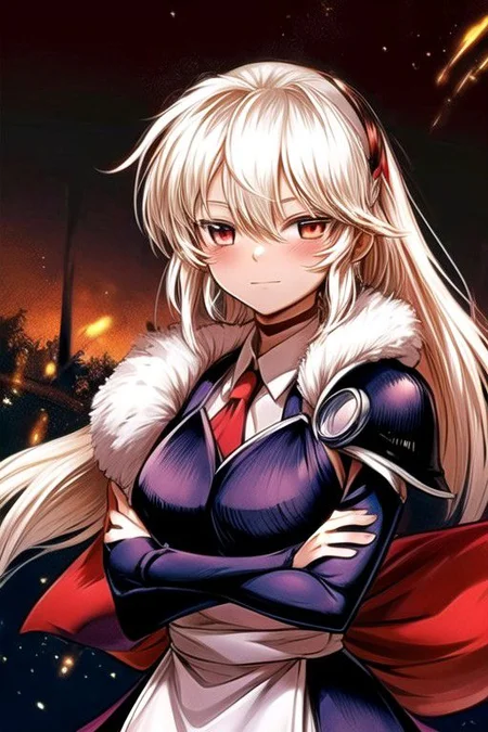 best quality 1girl Setsun4 solo long hair, (night time) forest background black hair very long hair purple eyes multicolored hair armor, small, (fur trim) (medium body),<lora:EMS-179-EMS:0.800000>,<lora:EMS-293862-EMS:0.800000> bow, hair_bow, hair_tubes, red_bow, brown_hair, long_hair, bangs, ascot, frilled_bow, yellow_ascot, blush, smile, hair_between_eyes, athletic, armor, miko, strengthmda, crossed arms, Smiling, happy