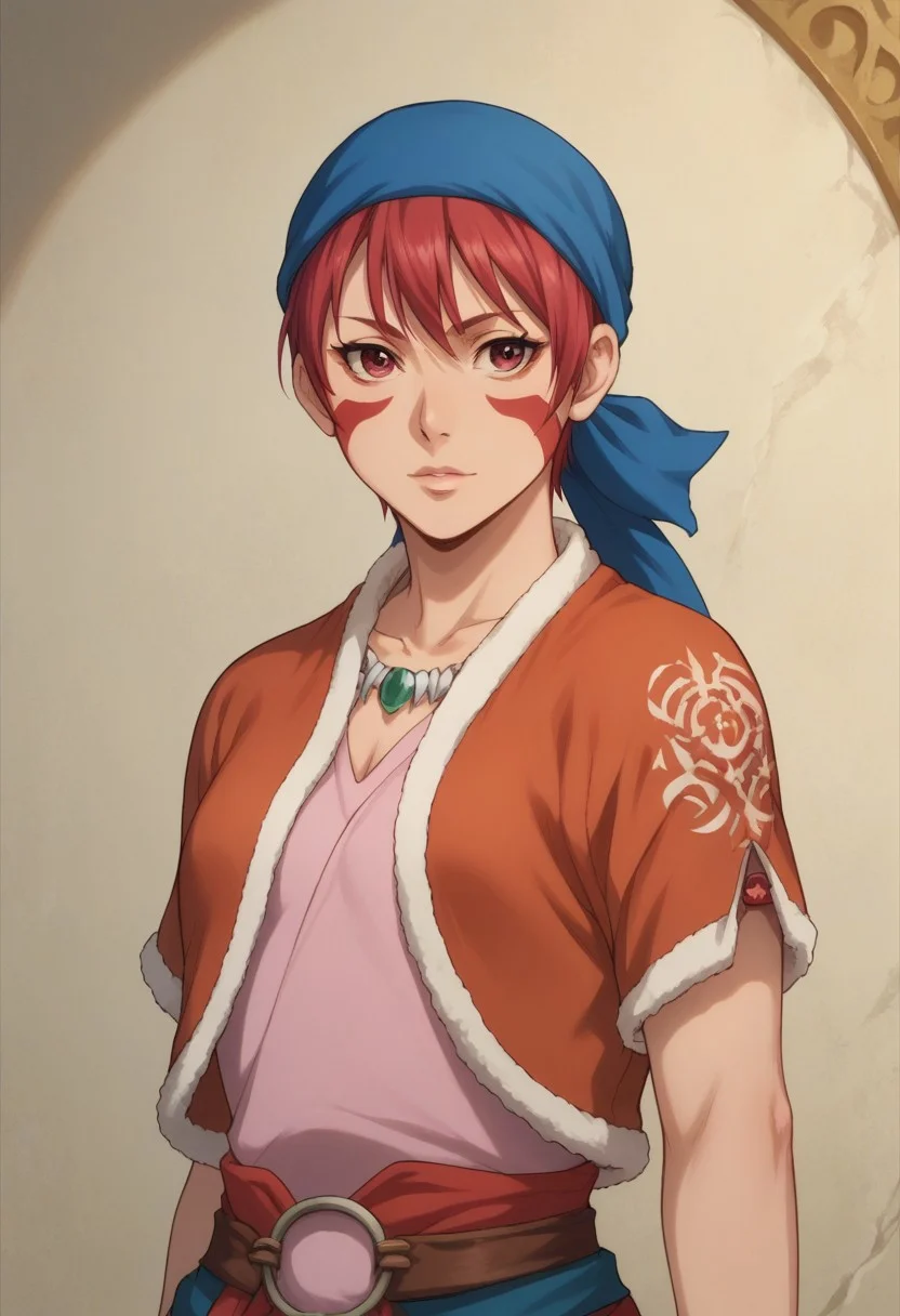 score_9, score_8_up, score_7_up, source_anime, highly detailed,
alfarid, 1girl, solo, short hair, bandana,
skirt, facepaint, facial mark, red hair, red eyes, upper body,
indoor, persian, persia