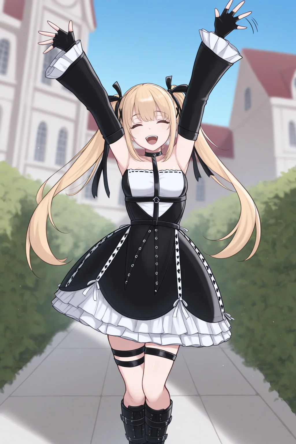 masterpiece, best quality, 1girl, solo <lora:marierose-illu-nvwls-v1-000006:1> mrirs, blonde hair, twintails, long hair, black ribbon, hair ribbon, x hair ornament, choker, harness, frilled dress, gothic dress, two-tone dress, detached sleeves, frilled sleeves, black gloves, fingerless gloves, thigh strap, black boots, platform boots, arms up, happy, open mouth, closed eyes, blue sky, mansion, hedges, facing viewer, waving