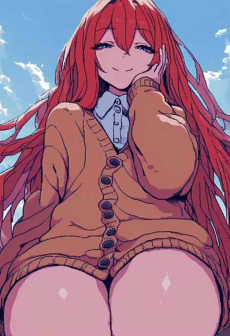 NGO_pixelart,
score_9, score_8_up, score_7_up, source_cartoon, solo, from below, dutch_angle, looking at viewer, leaning, hair_between_eyes, :3, smile, half-closed eyes, red hair, very long hair, long bangs, hair_over_face, hand on face, androgynous, cardigan, thick thighs, street