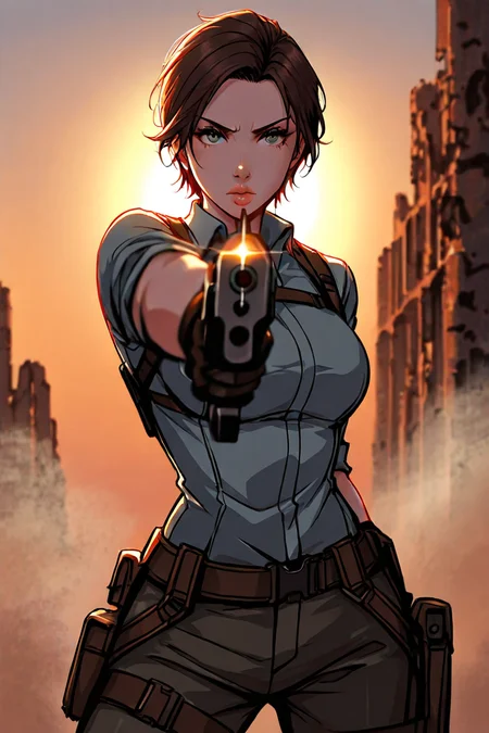 score_9,  masterpiece, best quality, amazing quality, very aesthetic, absurdres, newest, ultra-detailed, sharp focus, depth of field, dynamic composition, cinematic shot, Lara Croft_\(tomb_raider\), 1girl, solo, cowboy shot, intense gaze, looking at viewer, pointing gun at camera, action shot, dramatic pose, ancient archeological ruins, sunset glow, golden hour lighting, orange sun, sun rays filtering, atmospheric dust, epic adventure ambiance, suspenseful tension, adventure movie scene, volumetric lighting, rim light, dramatic shadows, c0mix, artist:moriimee