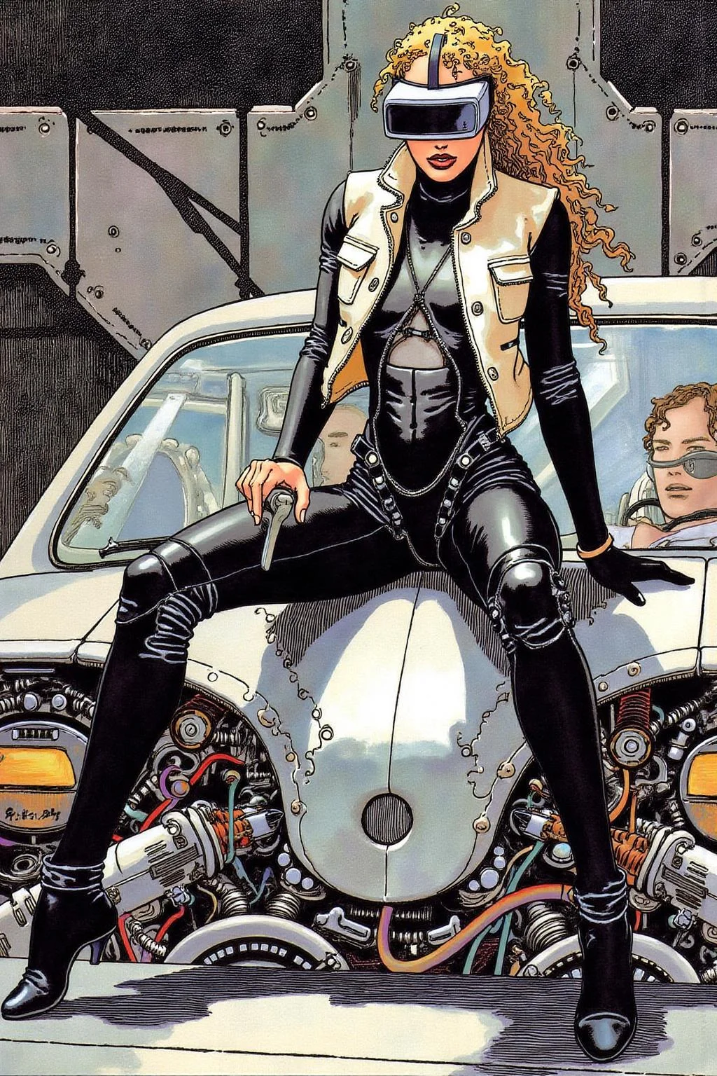 itacomic1 illustration. A striking, futuristic scene depicts a woman dressed in sleek, form-fitting leather attire, sitting confidently atop an open power suit, inspired by the cyberpunk aesthetics of Masamune Shirow. The power suit, a blend of advanced technology and military-grade armor, features intricate mechanical details, exposed wiring, and a robust, yet streamlined design. The woman, wearing a cutting-edge VR headset, exudes a sense of control and mastery over the machine beneath her. Her posture is relaxed yet commanding, with one hand resting on the suit’s metallic surface and the other casually holding a piece of advanced tech. The background is a high-tech industrial setting, with dim lighting that casts dramatic shadows, highlighting the fusion of human and machine. The overall atmosphere is one of futuristic coolness and cybernetic elegance, capturing the essence of Shirow’s iconic style <lora:itacomic_mima4_nocap_d4a2:1.0><lora:801408737001804177:0>