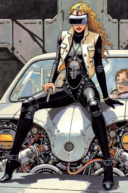 itacomic1 illustration. A striking, futuristic scene depicts a woman dressed in sleek, form-fitting leather attire, sitting confidently atop an open power suit, inspired by the cyberpunk aesthetics of Masamune Shirow. The power suit, a blend of advanced technology and military-grade armor, features intricate mechanical details, exposed wiring, and a robust, yet streamlined design. The woman, wearing a cutting-edge VR headset, exudes a sense of control and mastery over the machine beneath her. Her posture is relaxed yet commanding, with one hand resting on the suit’s metallic surface and the other casually holding a piece of advanced tech. The background is a high-tech industrial setting, with dim lighting that casts dramatic shadows, highlighting the fusion of human and machine. The overall atmosphere is one of futuristic coolness and cybernetic elegance, capturing the essence of Shirow’s iconic style <lora:itacomic_mima4_nocap_d4a2:1.0><lora:801408737001804177:0>