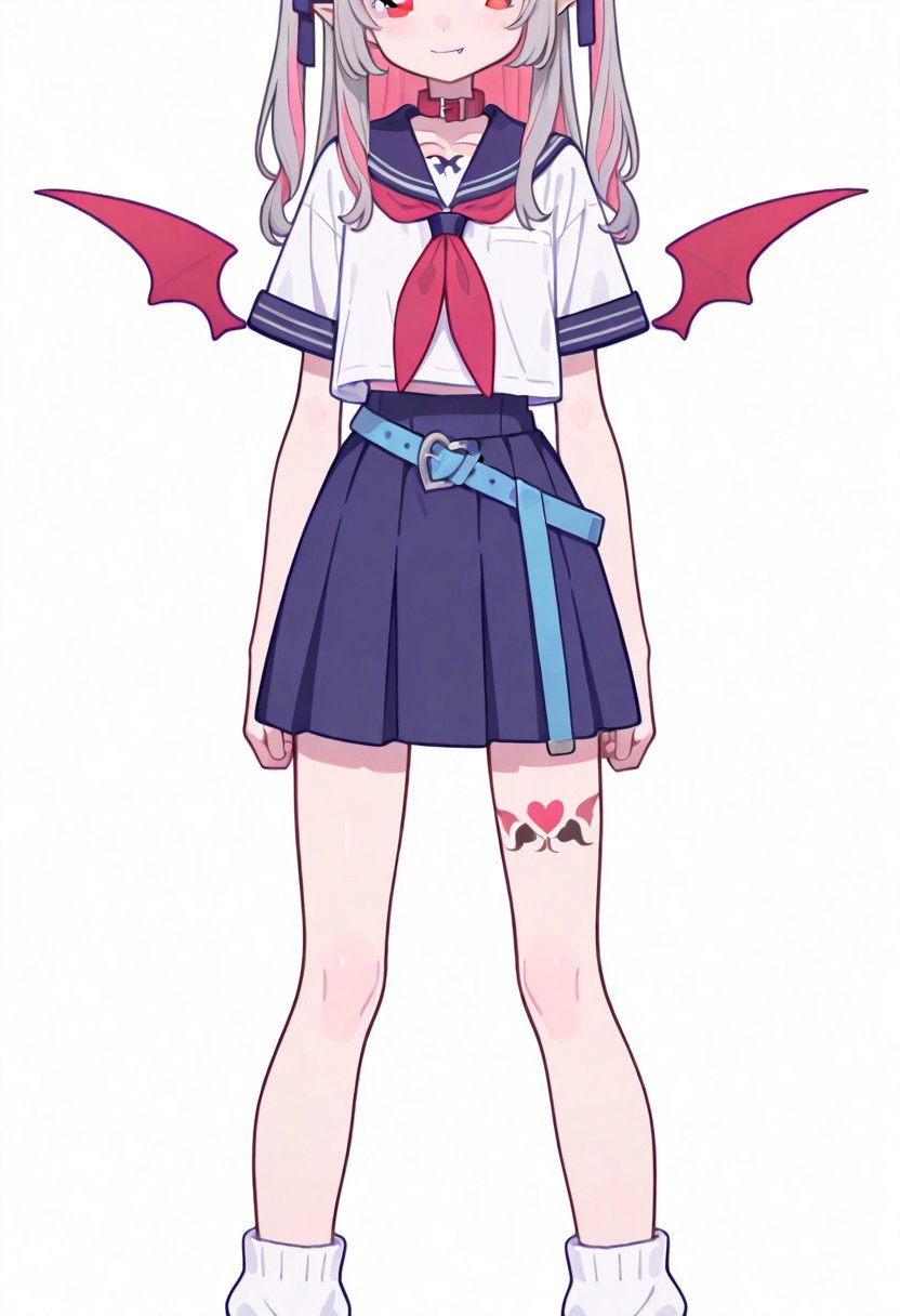 Flatline, Flat vector illustration, looking at viewer, full_body, 
niji-ririmu,flat chest,red eyes,long eyelashes,grey hair,streaked hair,multicolored hair,pink inner hair,pointy ears,fang,heart tattoo,tattoo around thigh,long hair,two side up,black hair ribbon,saggy hair ribbon,red wings,demon wings, 
niji-ririmucos1,serafuku,white shirt,short sleeves shirt,red neckerchief,midriff,blue belt,loose belt,blue skirt,miniskirt,pleats skirt,white socks,loose socks,red choker,red collar,
slim, slender, fair skin, clear skin, beauty skin, smooth skin, shiny skin, beautiful legs, long legs, 
from front, front view, straight-on, look at viewer, standing, (legs apart:1.4), 
white background,