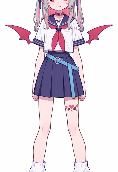 Flatline, Flat vector illustration, looking at viewer, full_body,
niji-ririmu,flat chest,red eyes,long eyelashes,grey hair,streaked hair,multicolored hair,pink inner hair,pointy ears,fang,heart tattoo,tattoo around thigh,long hair,two side up,black hair ribbon,saggy hair ribbon,red wings,demon wings,
niji-ririmucos1,serafuku,white shirt,short sleeves shirt,red neckerchief,midriff,blue belt,loose belt,blue skirt,miniskirt,pleats skirt,white socks,loose socks,red choker,red collar,
slim, slender, fair skin, clear skin, beauty skin, smooth skin, shiny skin, beautiful legs, long legs,
from front, front view, straight-on, look at viewer, standing, (legs apart:1.4),
white background,