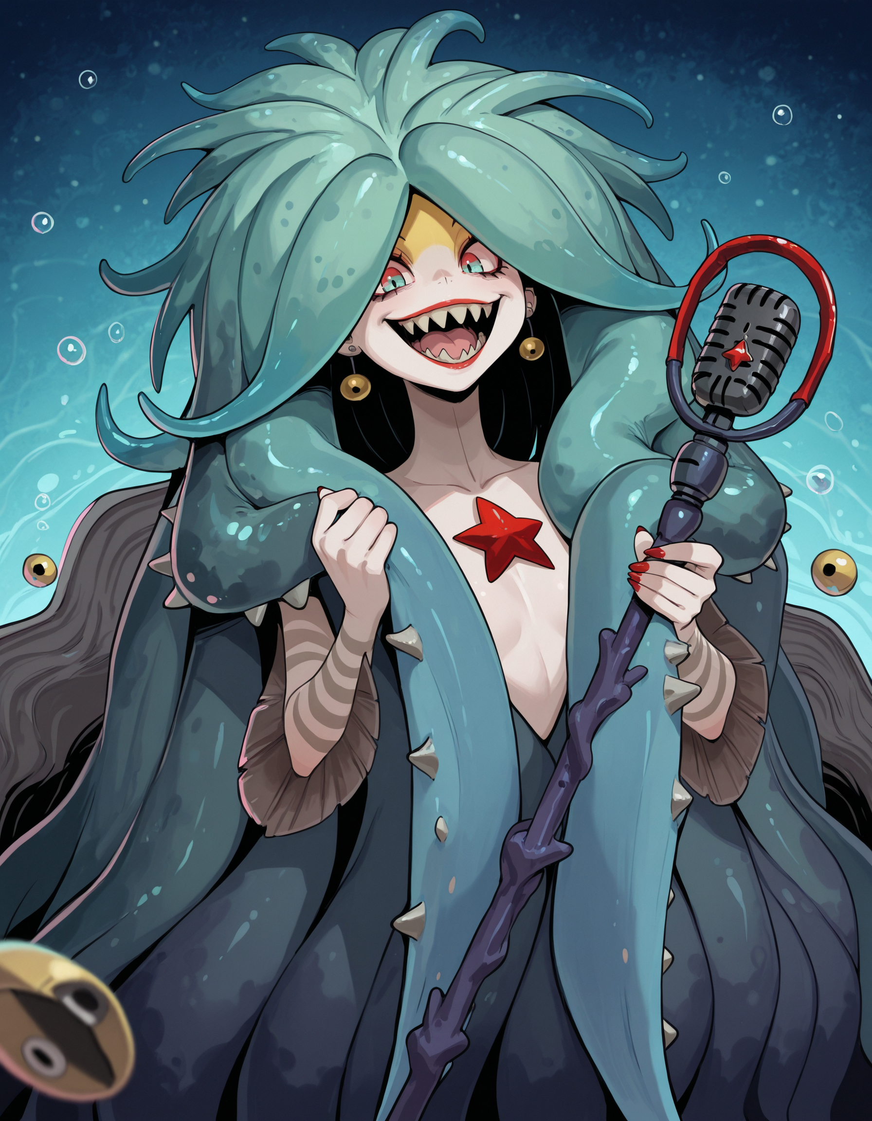 masterpiece, best quality, amazing quality, <lora:scyllaIllustrious:1>,
scylla, tentacle hair, sharp teeth, shell, microphone, microphone stand