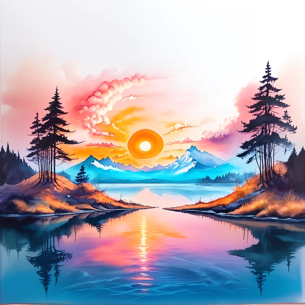 Score_9, score_8_up, score_7_up, score_6_up, BREAK <lora:Expressive_Watercolor_Ink_washPony:1> ArsMJStyle, Expressive Watercolor Ink Wash, The image is a watercolor painting of a beautiful sunset over a lake. The sky is painted in a gradient of orange pink and yellow hues with the sun partially visible in the center. The sun is surrounded by clouds and the horizon is visible on the right side of the image. The lake is calm and still reflecting the colors of the sky. On the left side there are two tall pine trees on a small island in the middle of the lake with a few smaller trees scattered around. The water is a deep blue-green color and there are a few small islands on the shore. The overall mood of the painting is peaceful and serene., no humans, reflection, scenery, traditional media, sun, painting (medium), tree, cloud, sky, sunset