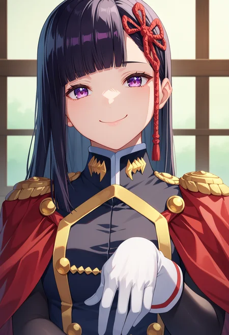 score_9, score_8_up, score_7_up, source_anime,
BREAK
1girl, solo,
<lora:shiRenYamishiroAnimeV1:1>,
shirenyamashiro, long hair, black hair, purple eyes, blunt bangs,
military uniform, white gloves, red cape, black pantyhose,
looking at viewer, smile, closed mouth,