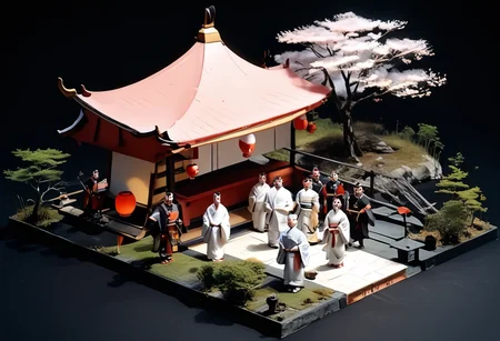 score_9,score_8_up,score_7_up,masterpiece,best quality,source_real,realstic,photorealstic,
KitsuneNoYomeiri_Bridal,,cherry blossom tree,sash,architecture,japanese traditional architecture,,standing,<lora:BDpony_KitsuneNoYomeiri_V1-5928:1>,:,<lora:IsoPixel-PDXL:1>,ispzxll,simple background,isometric,miniature,diorama,no people,black background,from above,<lora:add-detail-xl:1>,mysterious atmosphere,mist,