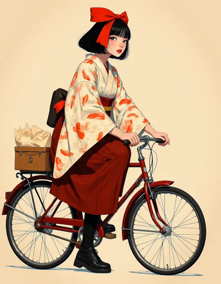 <lora:Midjourney_Whisper_Minimal:1>. Yumeji Takehisa style Beauty Painting. Taisho Romantic. Advanced Girl. Riding an old style deep crimson bicycle. (She wears an Arrow feather pattern kimono, maroon hakama, black long boots, and her trademark large red ribbon on her head:1.1). ephemeral. Bob cut that hides ears. stunning sharp outline. neat and tidy.