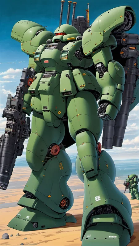 (ZEON:1.2), best quality, masterpiece,mecha robot, (large size robot:1.5), glowing, (full body:1.2),mechanical parts, robot joints, (Detailed eye description:1.2),(huge mechanical weapon:1.3),(detailed shield description:1.2), (detailed weapon description:1.2),(huge mechanical gun:1.2), (holding weapon :1.6) <lora:srdxl_v2k:0.4>