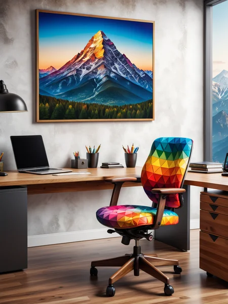 colorful mad-triangle office chair and wooden desk in an expensive office, photograph of a mountain on the wall <lora:Colorful_Triangles_SDXL:0.5>, (masterpiece:1.2), best quality, (hyperdetailed, highest detailed:1.2), high resolution textures