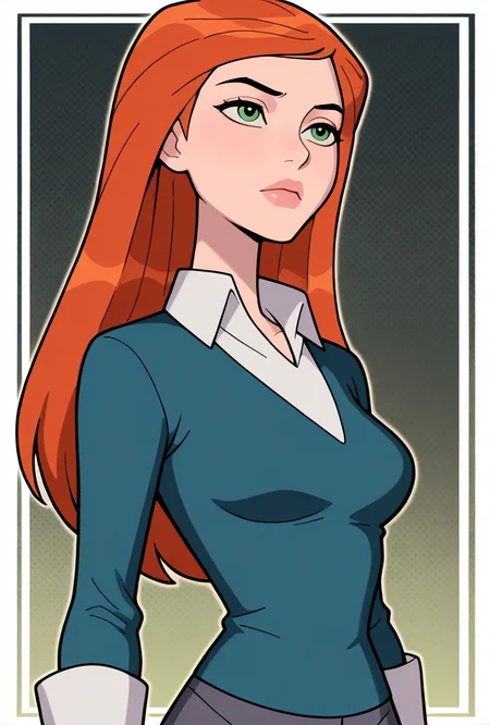 <lora:gwenuaf-10:1> gwenuaf, 1girl, long hair, solo, green eyes, orange hair, lips, breasts, collared shirt, long sleeves, shirt, dark grey skirt, black pants,, upper body, halftone effect, white borders, abstract background:1.2,, masterpiece, best quality, amazing quality, very aesthetic, absurdres, newest,