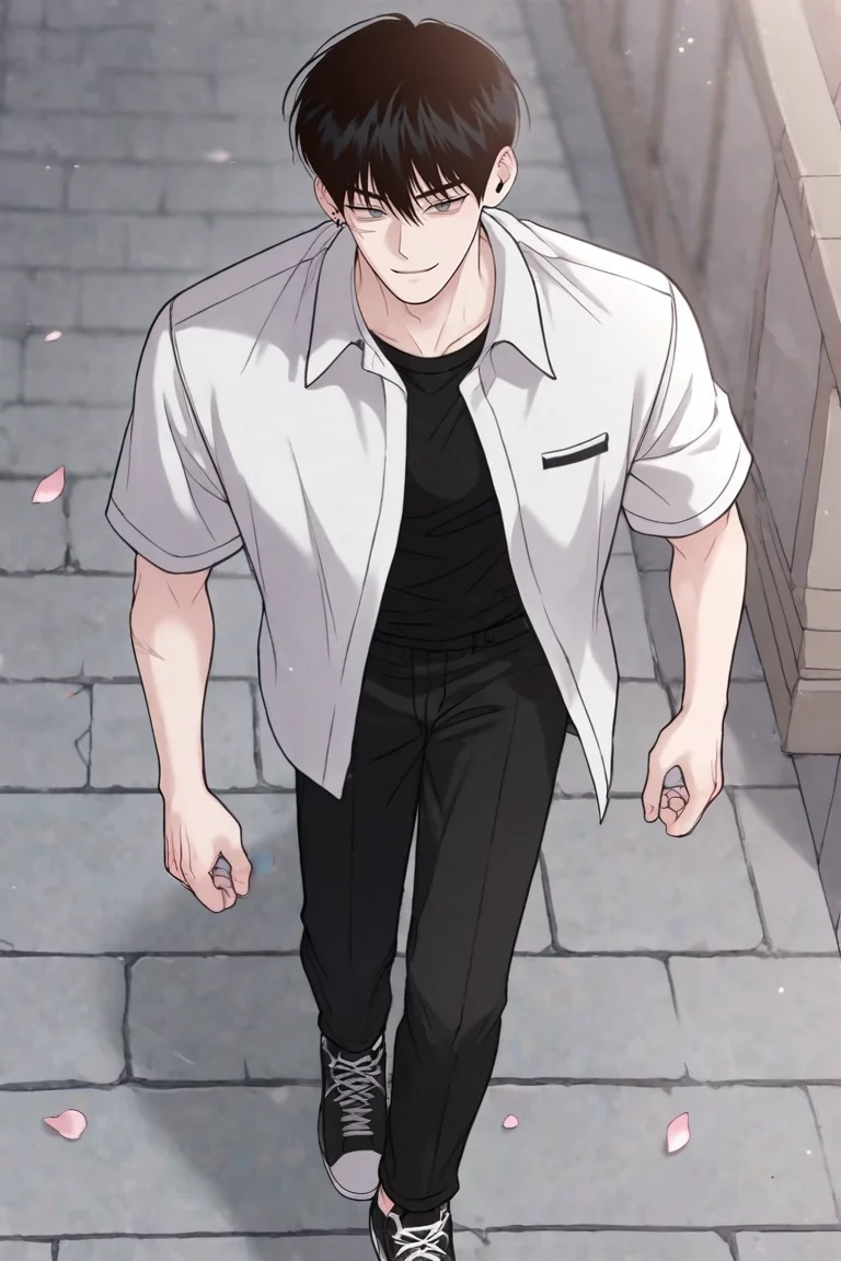 score_9, score_8_up, score_7_up,score_6_up,score_5_up,score_4_up,source_anime,BREAK, rating_safe, intricate details , , , anime screencap, anime coloring, official style, depth of field,1boy, solo, male focus , , ,<lora:goo_yoon_won:0.87>,goo yoon won,black hair,grey eyes,short hair,,bangs,hair between eyes,scar,scar on face,shirt,short sleeves, standing, jacket,smirk, full body, open clothes,earring, piercing,right ear bare, shoes, pants, black footwear, open jacket, white jacket, black shirt,collared jacket,petals, black pants, sneakers, walking,from above,outdoors,bridge,look up, , , <lora:sdxl_lightning_8step_lora_315544:1>