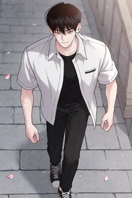 score_9, score_8_up, score_7_up,score_6_up,score_5_up,score_4_up,source_anime,BREAK, rating_safe, intricate details , , , anime screencap, anime coloring, official style, depth of field,1boy, solo, male focus , , ,<lora:goo_yoon_won:0.87>,goo yoon won,black hair,grey eyes,short hair,,bangs,hair between eyes,scar,scar on face,shirt,short sleeves, standing, jacket,smirk, full body, open clothes,earring, piercing,right ear bare, shoes, pants, black footwear, open jacket, white jacket, black shirt,collared jacket,petals, black pants, sneakers, walking,from above,outdoors,bridge,look up, , , <lora:sdxl_lightning_8step_lora_315544:1>