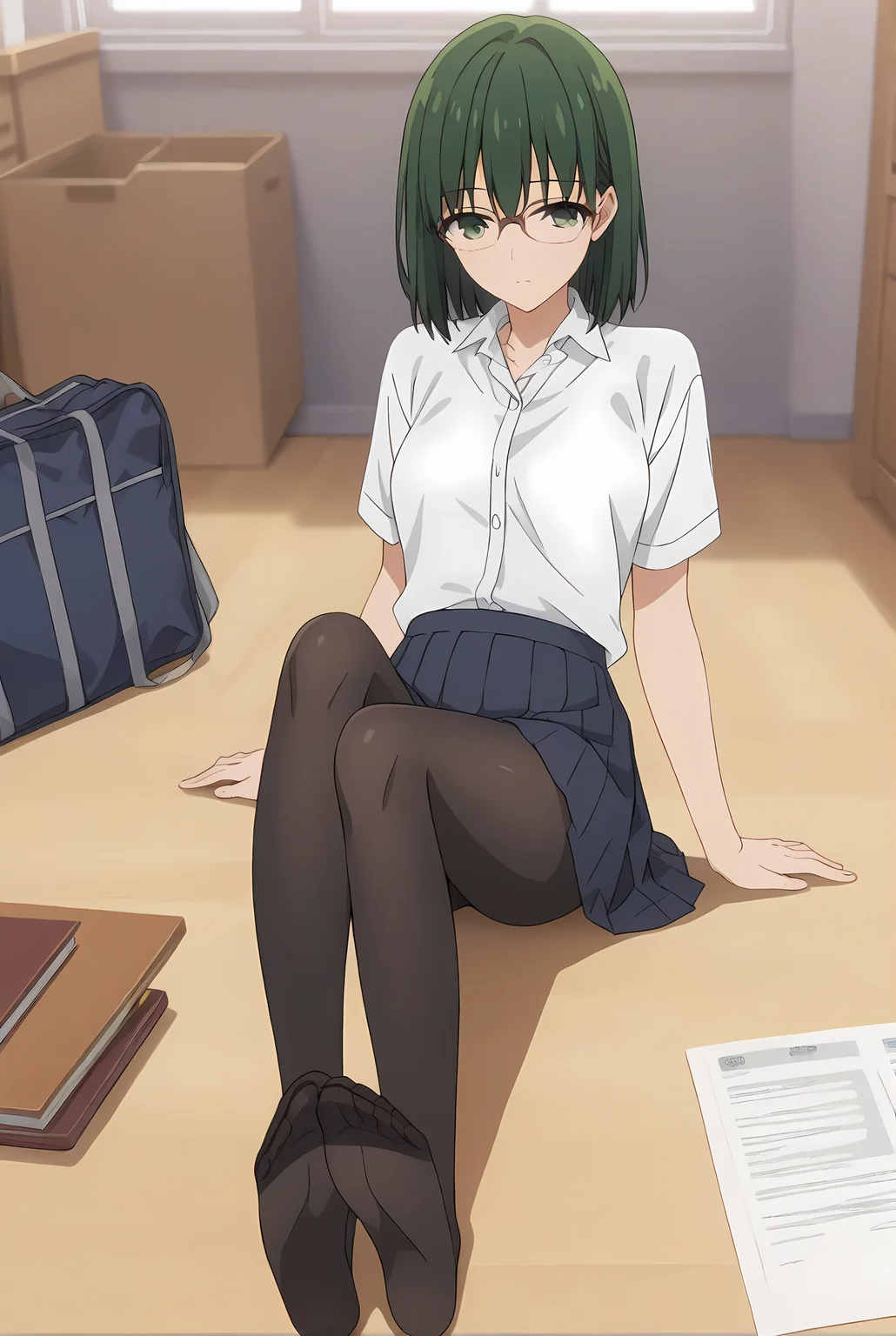 (school uniform skirt white shirt black pantyhose uwabaki), hm-sakura, green hair, green eyes, [glasses, medium hair], medium breasts, 1girl, solo, skinny, score_9, score_8_up, score_8, score_7_up, score_7, score_6_up, score_6, score_5_up, score_5, source_anime, horny, indoors, (1.3::full body|sitting|standing|lying|straight-on|0.6::close-up| :1.20), feet, <lora:hm-sakura-V01-000003:0.90>