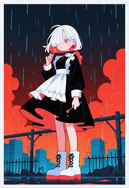 masterpiece, best quality, good quality, very aesthetic, absurdres, newest, 8K, from below,
spooky, dark stormy background, ((slanting rain, rainstorm, tempest, turbulent atmosphere, strong winds, raining heavy)),
((clothes and hair blown strongly by the wind, flowing fabric, disheveled hair, billowing skirt, windblown )),
BREAK
full body, 
side portrait of stunning girl standing, bangs, white hair, multicolored hair, bobcut hair,
pastel cyan eyes, choker, hair over one eye,
small breasts, earrings, ear pierces,
ultra detailed decorative victorian gossamer clothes, very short tight black maid dress, maid apron,
white short boots,
simple pastel gradient purple  background with extremely thick white border,
half closed eyes, unfocused eyes,
distant gaze, emotionless look, looking away, white thick eyelashes, white long eyelashes,
(holding a lollipop, licking a lollipop, 1 lollipop),
wrecked fence and buildings in background, (post apocalyptic city background), thick clouds,
Flatline, Flat vector illustration, haiz_ai, [no lineart, no outline], ruanyi0935,
<lora:haiz_ai_illu:0.3> <lora:flatline:1.45> <lora:petravoice:0.4>  <lora:0935 rainstorm_v1_pony:0.66>