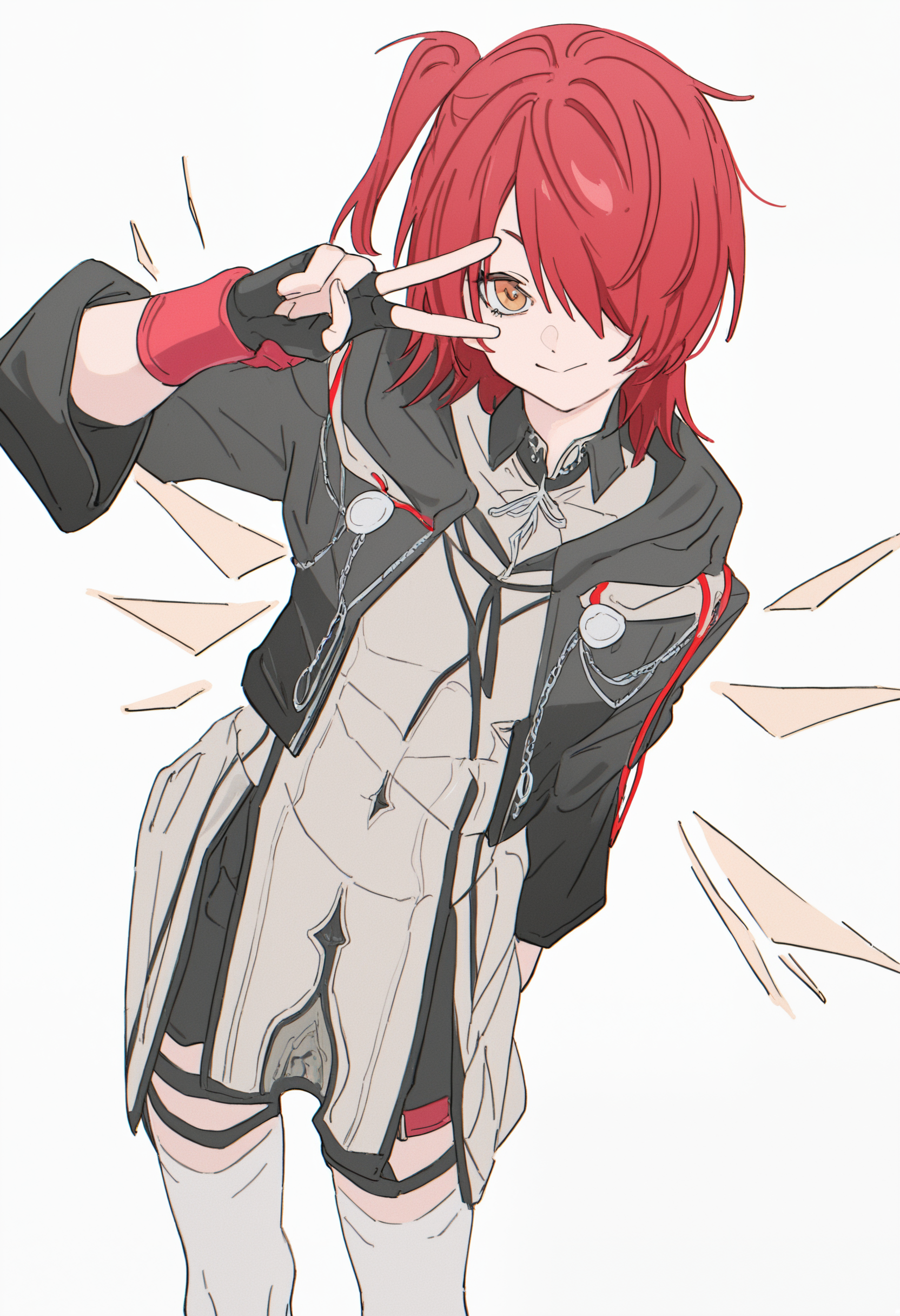 Exusiai the New Covenant, open jacket, one side up, 1girl, solo, white background, simple background, looking at viewer, smile, v, closed mouth, cloak,cloak,white legwear, ,masterpiece,best quality,newest,absurdres,highres,very awa, <lora:None:1.0> <lora:Exusiai_the_New_Covenant_r1:1.0000000000000002> <lora:Himuro_Yukichiko_Style:1.0>