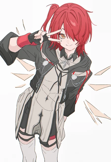 Exusiai the New Covenant, open jacket, one side up, 1girl, solo, white background, simple background, looking at viewer, smile, v, closed mouth, cloak,cloak,white legwear, ,masterpiece,best quality,newest,absurdres,highres,very awa, <lora:None:1.0> <lora:Exusiai_the_New_Covenant_r1:1.0000000000000002> <lora:Himuro_Yukichiko_Style:1.0>