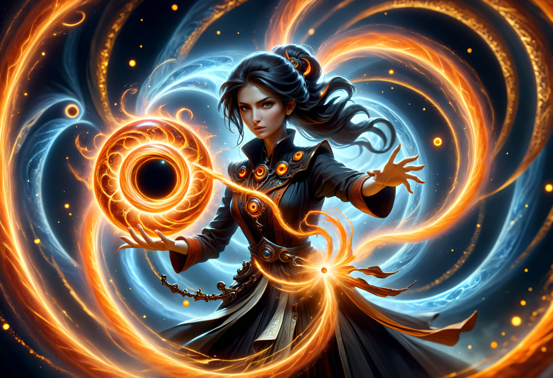 hyper detailed masterpiece, dynamic, awesome quality, female arcanist, time bending (manipulating the flow of time)  Crafting spells of spell shaped like Spiral of benzimidazolone orange tempestuous illusion and black hole creation (controlled, fictional application) DonMM4g1cXL <lora:DonMM4g1cXL_v1.2:0.7> <lora:Perfect Hands v2:1.0> Perfect Hands
