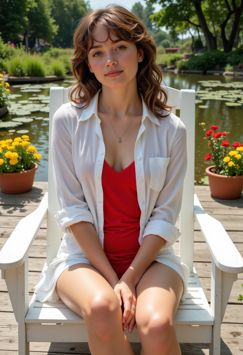 modeling poses, She is approximately 18 years old, she is smiling, dynamic angles, multiple angles,She is looking at the camera, photoshoot poses; a photo of A photo of Av@, wearing a white shirt and red undershirt, a woman with large breasts, she is sitting in a white deck chair, on a dock lined with flower pots, a beautiful pond in the background, The woman has long hair and is wearing a necklace. . The scene is set in a cozy and inviting atmosphere, with the woman being the main focus of the image.  Huge breasts, busty breasts, she has the perfect milf body, thin waist, wide hips, golden triangle, she is posing for the camera with a smile on her face.  Style: realistic hyper-detailed rendering, 32k UHD, expressive eyes, punk, graphic design, girl's face, pretty and cute, gleaming lips, telling a tale of adventure. Exuding confidence and serenity. The overall mood of the image is happy and relaxed,detailed skin texture,(blush:0.2),(goosebumps:0.3),subsurface scattering,with a playful and whimsical tone, niji style, retro50s_style, looking at camera, looking at viewer, looking at camera, she is looking at the camera,