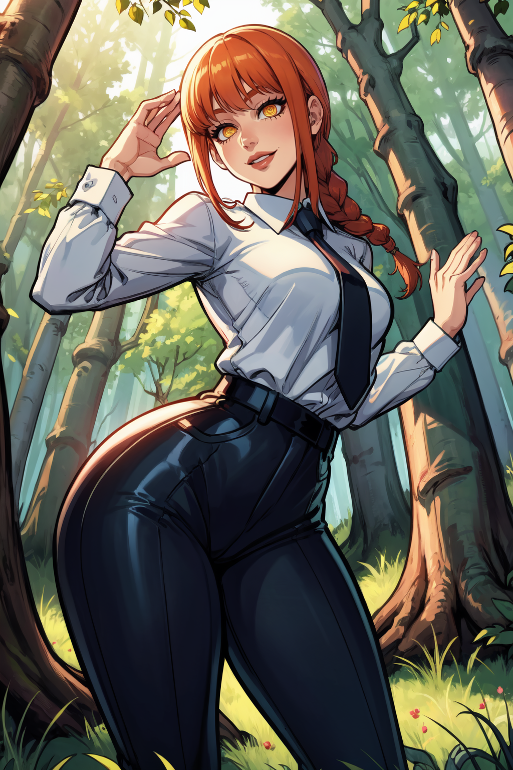 1girl, (solo:1.2), (dynamic pose:1.4), curvy, (masterpiece:1.2), (best quality:1.2), (perfect anatomy:1.4), (standing:1.4), (confident:1.2), smile, sfw, safe for work
<lora:Reiq [MockAi - v1.0]:0.8> reiq, (large breasts:1.2), (cowboy shot:1.2), <lora:Makima [nochekaiser881 - v1.0]:0.8> makima, long hair, smile, bangs, (yellow eyes:1.2), braid, red hair, braided ponytail, ringed eyes, shirt, long sleeves, white shirt, necktie, collared shirt, pants, black pants, formal, suit, black necktie, shirt tucked in, office lady, (inside forest:1.3), (birch trees:1.2), daylight, light coming through trees,