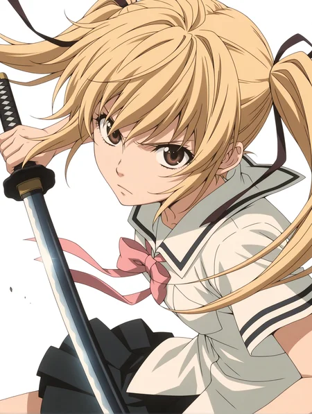masterpiece,best quality,newest,
1girl,solo,
anime screencap,<lora:s_raimei_ilxl_v1.0:1>,s_raimei,blonde hair,hair bow,twintails,brown eyes,
r_clothes,serafuku,ribbon tie,white shirt,black pleated skirt,
r_katana,red scabbard,
<lora:Fixhands_anime_bdsqlsz_V1:1>,cowboy_shot,expressionless,serious,portrait,looking_at_viewer,ready to draw,floating hair,white_background,simple_background,