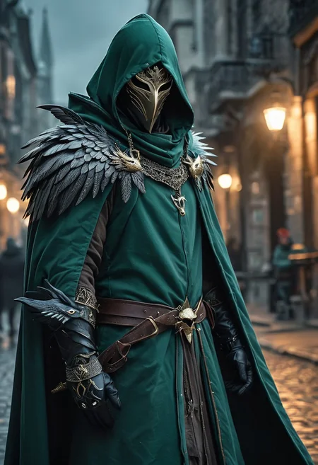 ((great quality)) (good quality) graceful proud rogue with a bird mask covering his face and a long dark deep green cloak cloak with claw weapons , gives off the vibe of a falcon, mask, hood drawn, bounty hunter, standing in a busy street awe inspiring, dark contrast and cinematic lighting photography , award winning, (intricate detail) , ultra detail, 8k, soul knight