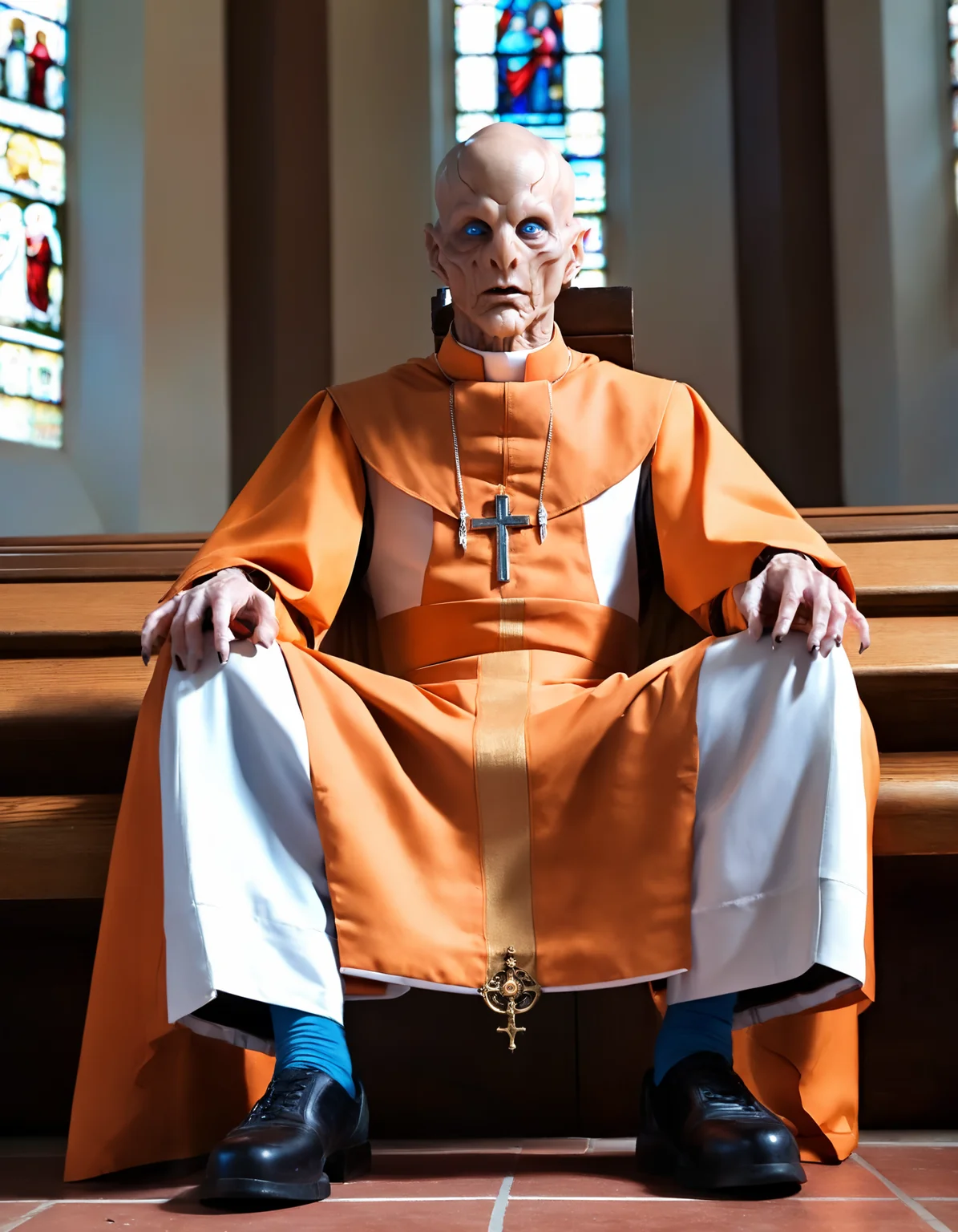 SaruST, kelpien man, bald, alien, blue eyes, brownish orange skin, priest clothes, fullbody, black shoes, sitting, church interior, sharp focus