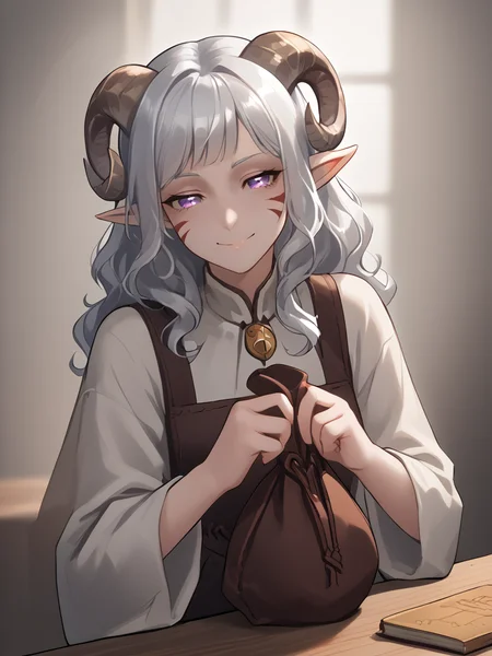 1girl, solo, source_furry, score_7_up, rating_safe, source_anime, anime face,
<lora:whisker_markings:0.8>red whisker_markings, silver long wavy hair, short pointy ears, purple eyes, <lora:age_slider_v4:0.6>
<lora:Test_Diana:0.8> tiefling_bard_diana,
<lora:Smooth Style 2 SDXL_LoRA_Pony Diffusion V6 XL:0.3> smile, open eyes, <lora:INKxXmo shaded face:0.6> Shaded FaceINKxXmo Dark Theme, cowboy shot,
<lora:coin_pouch:1> small holding pouch ,
small pouch on table