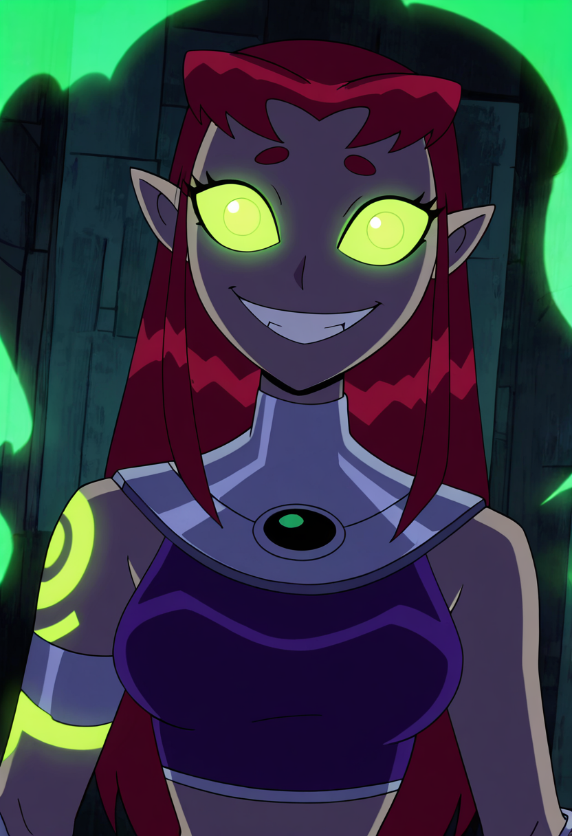 masterpiece, best quality, solo, curvy, beautiful eyes,  narrow waist, wide hips,  strfr, green eyes, red hair, long hair, colored sclera, green sclera, smile, looking at viewer,   ,       <lora:StarfireTT_IXL:1.0>,   dynamic angle, foreshortening, close up, [Mystic Glow], Glowing green tribal tattoos across grey skin, ethereal glow, Upper body portrait with pointy ears and glowing eyes, surrounded by a soft green aura in a shadowy space, locking eyes with the viewer with an enigmatic expression.