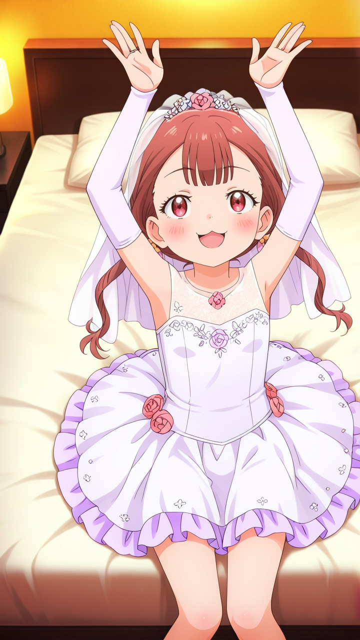 1girl,full_shot,looking_at_viewer,solo,anime screenshot,Kamoto_Suzu,skirt,looking_up,from_above,<lora:Kamoto_Suzu_Illustrious_v3:1>,little_girl,hotel room,bare_legs,blush,sitting_on_bed,:3,smile,open mouth,arms_up,wedding_dress,bridal_gauntlets,bridal_veil,, masterpiece, best quality