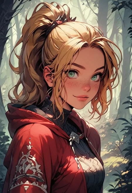 score_9, score_8_up, score_7_up, ( hooded face,face focus, eye focus), 1girl, freckles, slutty petite bombshell, mysterious smile, skinny, detailed skin, wearing a red hooded cape, hooded face, cape wrapped around her, sexy, big breast, blonde hair , ponytail, big pretty green eyes, innocent eyes, sexy, side view
playful, forest path, dirt path, sunny day hike,
concept art, cell shading, masterpiece,
detailed face, beautiful, dark fantasy style,