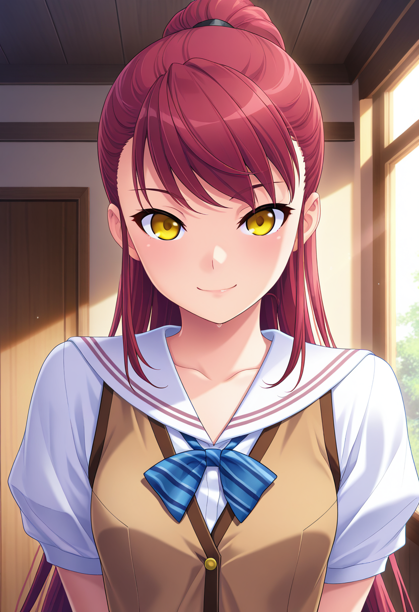 masterpiece, best quality, amazing quality, 1girl, solo, (portrait:1.2), sayaww, yellow eyes, red hair, long hair, very long hair, ponytail, small breasts, school uniform, blue striped bowtie, white sailor shirt, brown vest, looking at viewer, smile, indoors, day, skindentation, detailed clothing folds, depth of field, sharp, high contrast, dynamic light <lora:Niimi_Saya_Alea_ill:0.9>