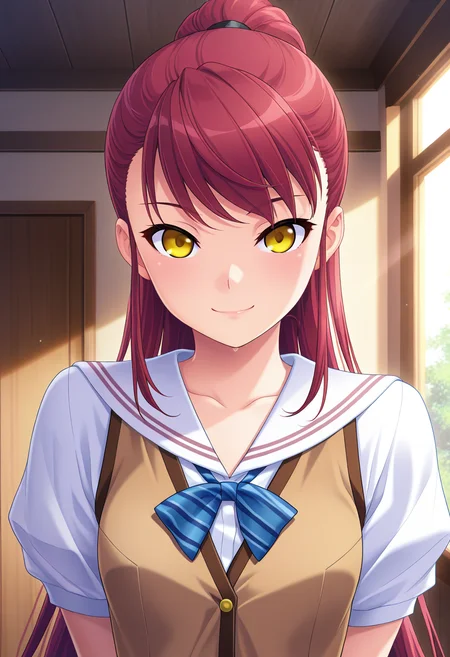 masterpiece, best quality, amazing quality, 1girl, solo, (portrait:1.2), sayaww, yellow eyes, red hair, long hair, very long hair, ponytail, small breasts, school uniform, blue striped bowtie, white sailor shirt, brown vest, looking at viewer, smile, indoors, day, skindentation, detailed clothing folds, depth of field, sharp, high contrast, dynamic light <lora:Niimi_Saya_Alea_ill:0.9>