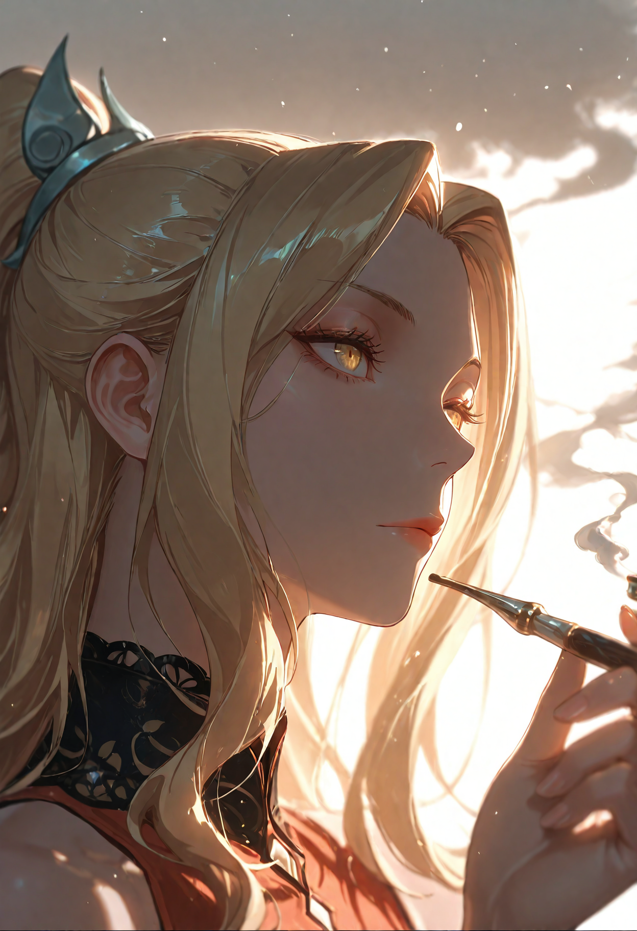 1girl, Lin Qiuhan, blonde, border,expressionless,flower,hand up,holding,holding smoking pipe,hyur,kiseru,lace collar,portrait,smoke,smoking,smoking pipe,solo, white background,
(Smooth Quality - Illustrious:0.8), masterpiece,best quality,amazing quality, absurdres, (impressionism), ultra-HD, 8k, fit body, highest quality, volumetric lighting, (cinematic composition:1.3), (sharp focus:1.2), (depth of field:1.2), (adult), wide eyes, (mature female:1.2), very aesthetic, smooth image, action lines, motion lines, motion blur, (detailed face and eyes:1.3),
<lora:illustrious_quality_modifiers_masterpieces_v1:0.6>  <lora:ponyv4_noob1_2_adamW:0.4> <lora:FINALE:0.4>  <lora:I_Am_The_Fated_Villain:0.6> <lora:g0thicILL:0.4> <lora:USNR STYLE_XL_loha:0.3>