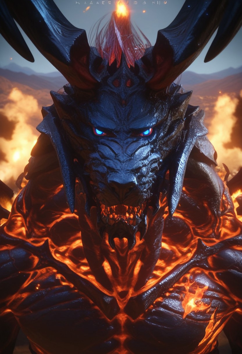 score_9, score_8_up, score_7_up, 1boy, solo, Expressiveh, (IfritFF16, anthro, Fire Elemental, Tail, Demon, Blue Eyes, Black Body, Horns), looking at viewer, smile, clenched fist, close-up, mountaintop, gravel, rocks, claws, detailed background, 4k, masterpiece, best quality, highly detailed, realistic