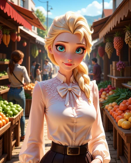 -looking at viewer, outdoors daylight, a 20 year old adult mature woman.
3d CGI Style,  back view photo of.
<lora:Frozen_-_Elsa_v2_000030:1> f-elsa, blue eyes, blonde hairChiffon long-sleeve blouse with a bow tie at the neck and delicate lace detailing
A woman wanders through an open-air market, her eyes scanning the colorful stalls as she picks up fresh produce, the lively chatter of vendors and shoppers filling the air.