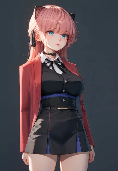 masterpiece, best quality, very aesthetic, anime, plain background, Expressiveh, zPDXL3, sinfully stylish, dramatic lighting, soft light, long shadows, detailed, steady focus, 1girl, solo, Vivi, pink hair, blue eyes, large breasts, choker, hair ribbon, red jacket, bangs, short skirt, 