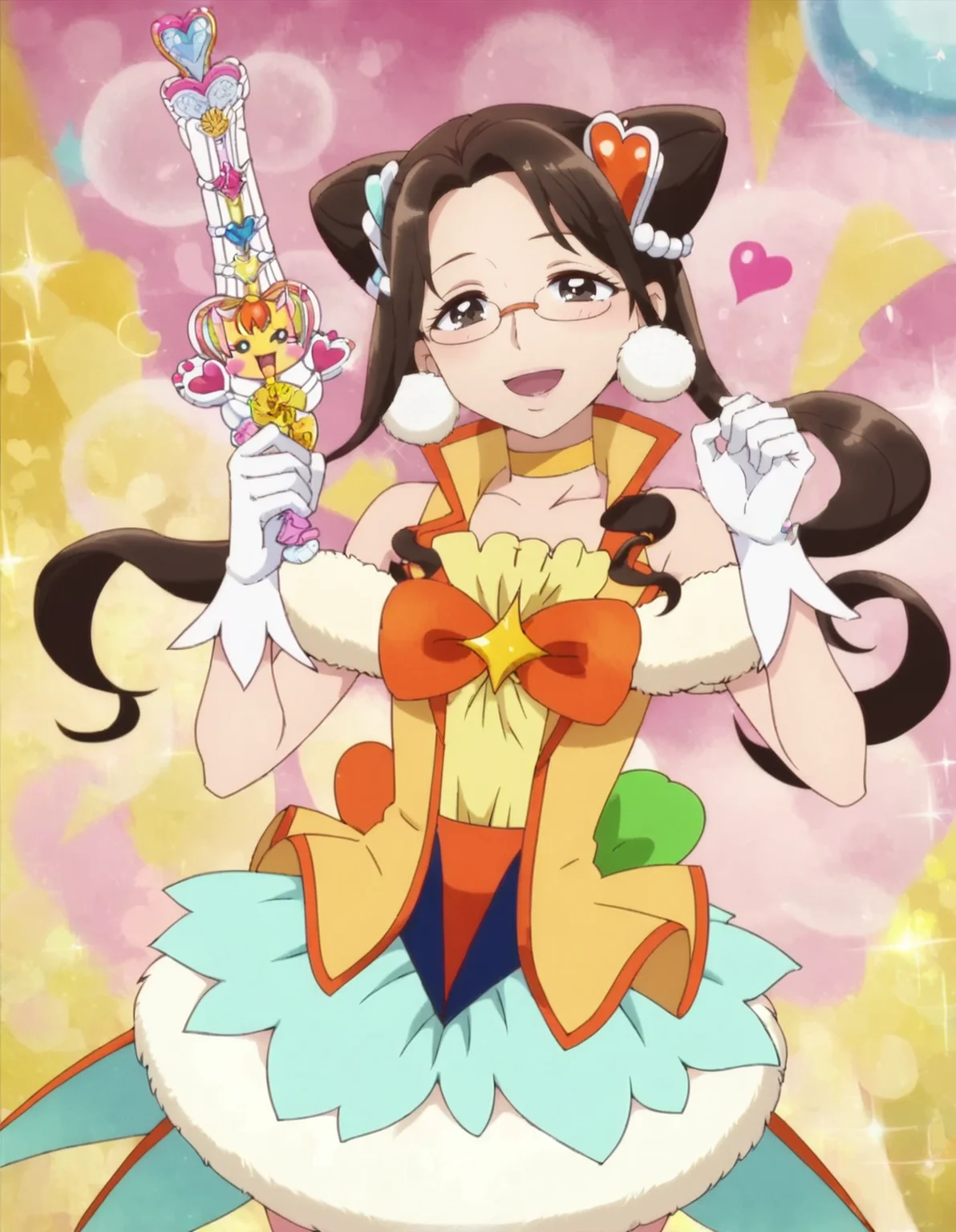 score_9, score_8_up, score_7_up, anime screencap,1girl, solo, cone hair bun, glasses, brown hair, gloves, solo, magical girl, choker, open mouth, hair ornament, heart,smile, white gloves, long hair, looking at viewer, hair bun, blush,brown eyes, skirt,<lora:kusakaorie:0.9>
